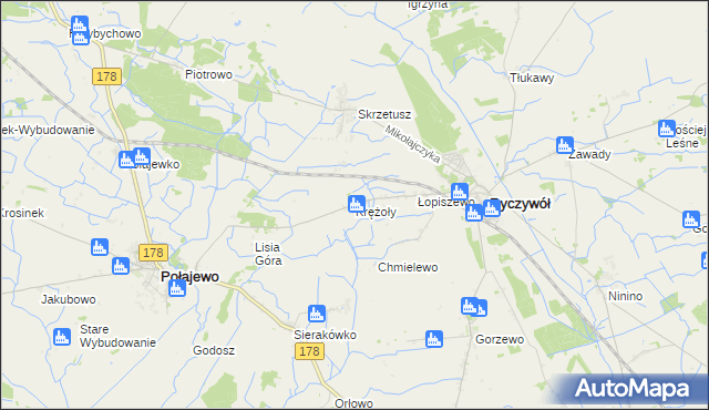 mapa Krężoły gmina Ryczywół, Krężoły gmina Ryczywół na mapie Targeo