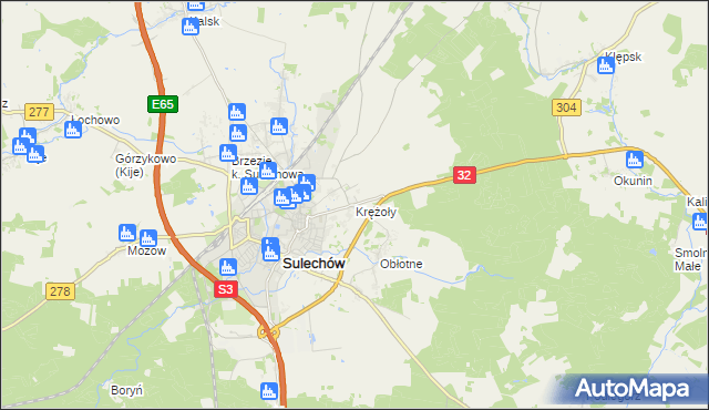 mapa Krężoły gmina Sulechów, Krężoły gmina Sulechów na mapie Targeo