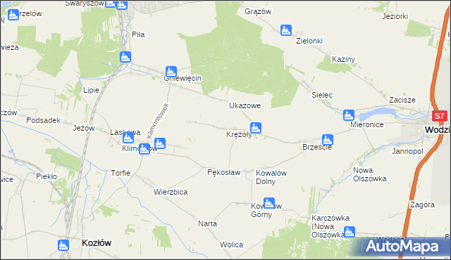 mapa Krężoły gmina Wodzisław, Krężoły gmina Wodzisław na mapie Targeo