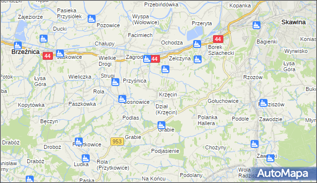 mapa Krzęcin gmina Skawina, Krzęcin gmina Skawina na mapie Targeo