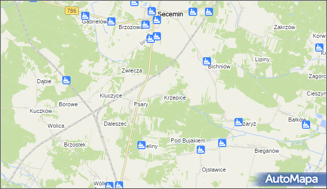 mapa Krzepice gmina Secemin, Krzepice gmina Secemin na mapie Targeo