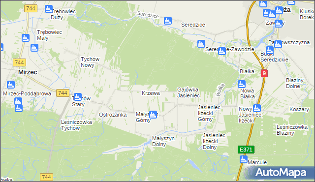 mapa Krzewa gmina Mirzec, Krzewa gmina Mirzec na mapie Targeo