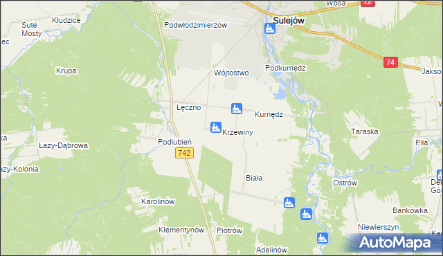 mapa Krzewiny gmina Sulejów, Krzewiny gmina Sulejów na mapie Targeo