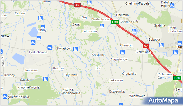 mapa Krzykosy gmina Dąbie, Krzykosy gmina Dąbie na mapie Targeo