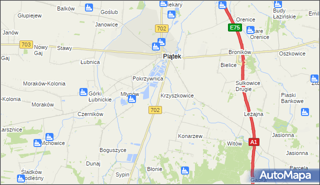 mapa Krzyszkowice gmina Piątek, Krzyszkowice gmina Piątek na mapie Targeo