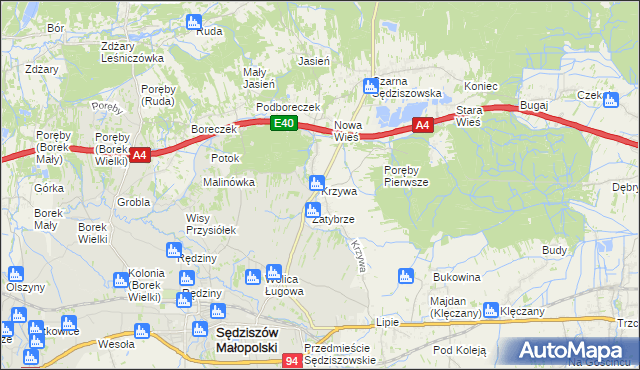 mapa Krzywa gmina Sędziszów Małopolski, Krzywa gmina Sędziszów Małopolski na mapie Targeo