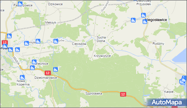 mapa Krzywczyce, Krzywczyce na mapie Targeo