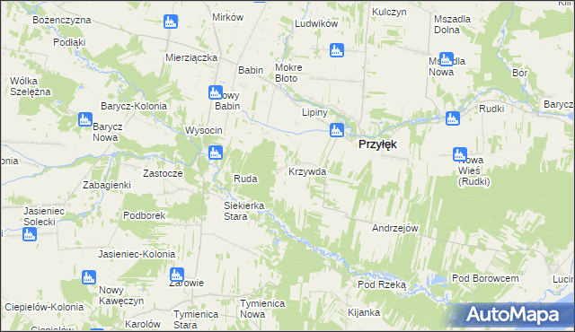 mapa Krzywda gmina Przyłęk, Krzywda gmina Przyłęk na mapie Targeo