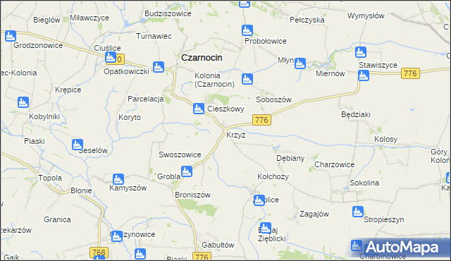 mapa Krzyż gmina Czarnocin, Krzyż gmina Czarnocin na mapie Targeo