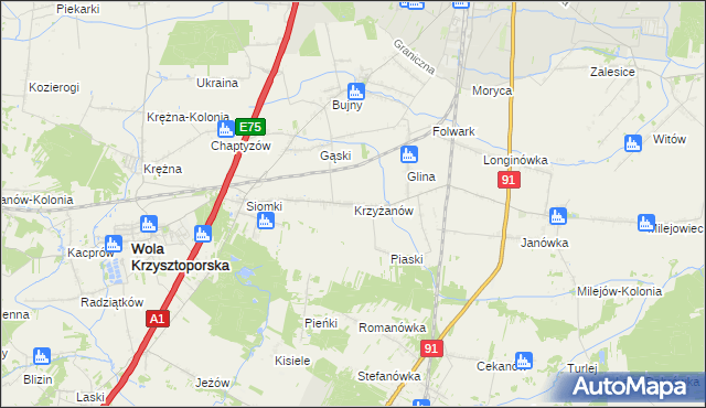 mapa Krzyżanów gmina Wola Krzysztoporska, Krzyżanów gmina Wola Krzysztoporska na mapie Targeo