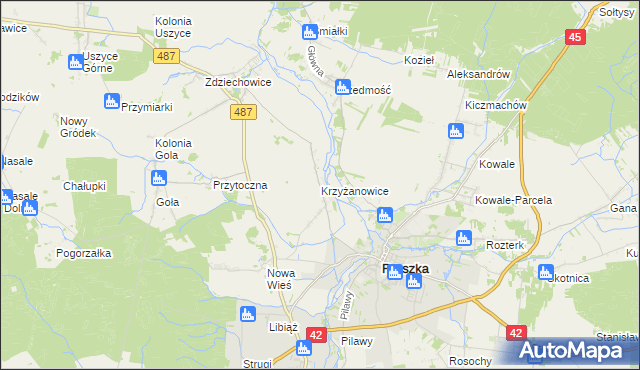 mapa Krzyżanowice gmina Gorzów Śląski, Krzyżanowice gmina Gorzów Śląski na mapie Targeo