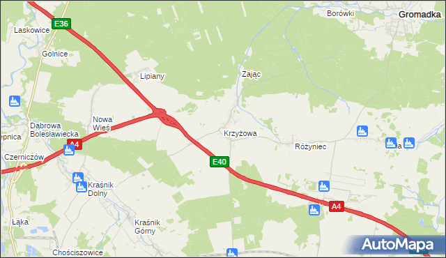 mapa Krzyżowa gmina Gromadka, Krzyżowa gmina Gromadka na mapie Targeo