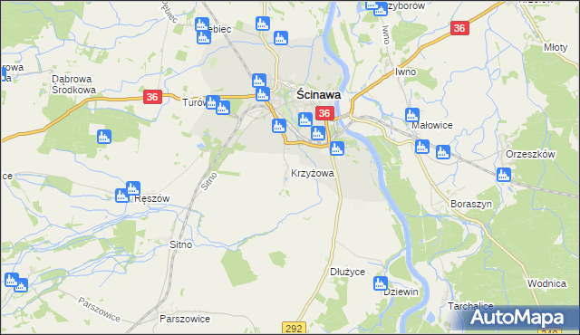 mapa Krzyżowa gmina Ścinawa, Krzyżowa gmina Ścinawa na mapie Targeo