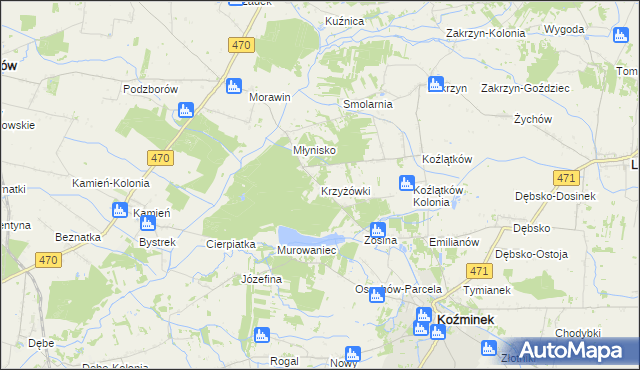 mapa Krzyżówki gmina Koźminek, Krzyżówki gmina Koźminek na mapie Targeo