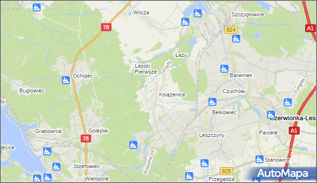 mapa Książenice gmina Czerwionka-Leszczyny, Książenice gmina Czerwionka-Leszczyny na mapie Targeo