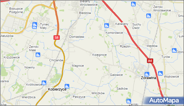 mapa Księginice gmina Kobierzyce, Księginice gmina Kobierzyce na mapie Targeo