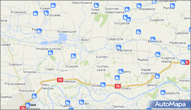 mapa Kuchary gmina Nowe Brzesko, Kuchary gmina Nowe Brzesko na mapie Targeo