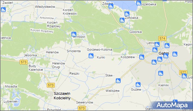 mapa Kunki gmina Szczawin Kościelny, Kunki gmina Szczawin Kościelny na mapie Targeo