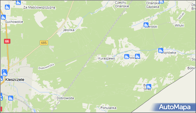 mapa Kuraszewo gmina Kleszczele, Kuraszewo gmina Kleszczele na mapie Targeo