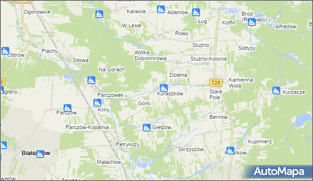 mapa Kuraszków gmina Białaczów, Kuraszków gmina Białaczów na mapie Targeo