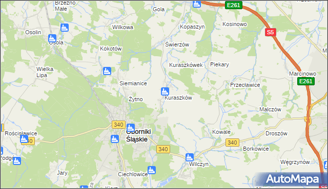 mapa Kuraszków gmina Oborniki Śląskie, Kuraszków gmina Oborniki Śląskie na mapie Targeo