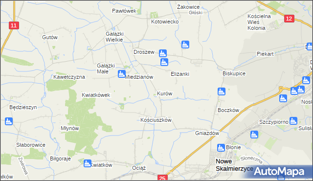 mapa Kurów gmina Nowe Skalmierzyce, Kurów gmina Nowe Skalmierzyce na mapie Targeo