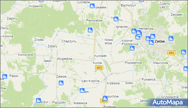 mapa Kurówek gmina Zelów, Kurówek gmina Zelów na mapie Targeo