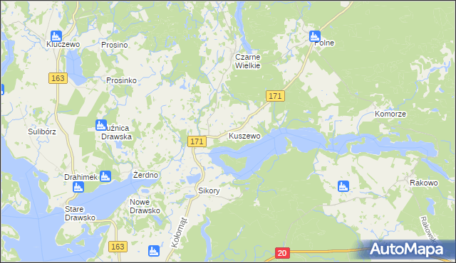 mapa Kuszewo gmina Czaplinek, Kuszewo gmina Czaplinek na mapie Targeo