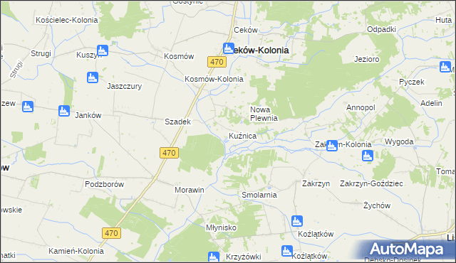 mapa Kuźnica gmina Ceków-Kolonia, Kuźnica gmina Ceków-Kolonia na mapie Targeo