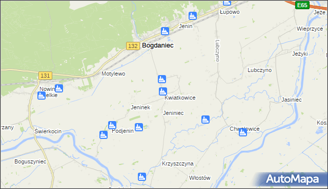 mapa Kwiatkowice gmina Bogdaniec, Kwiatkowice gmina Bogdaniec na mapie Targeo