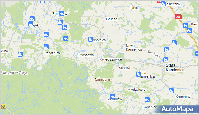 mapa Kwieciszowice, Kwieciszowice na mapie Targeo