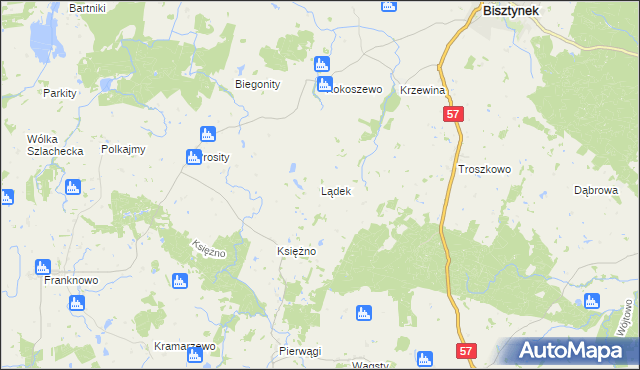 mapa Lądek gmina Bisztynek, Lądek gmina Bisztynek na mapie Targeo