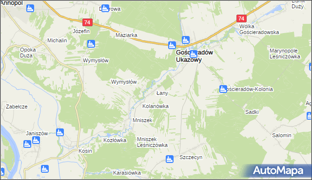 mapa Łany gmina Gościeradów, Łany gmina Gościeradów na mapie Targeo