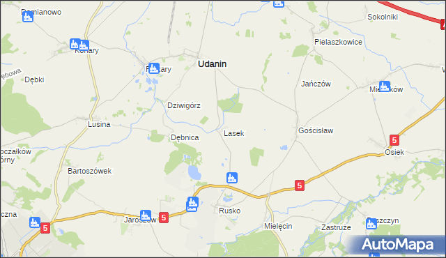 mapa Lasek gmina Udanin, Lasek gmina Udanin na mapie Targeo