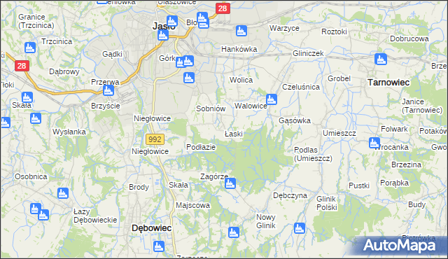 mapa Łaski gmina Jasło, Łaski gmina Jasło na mapie Targeo