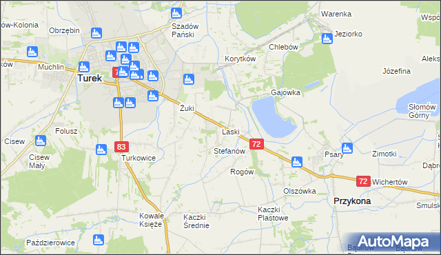 mapa Laski gmina Przykona, Laski gmina Przykona na mapie Targeo