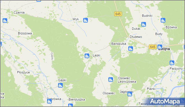 mapa Laski gmina Zbójna, Laski gmina Zbójna na mapie Targeo