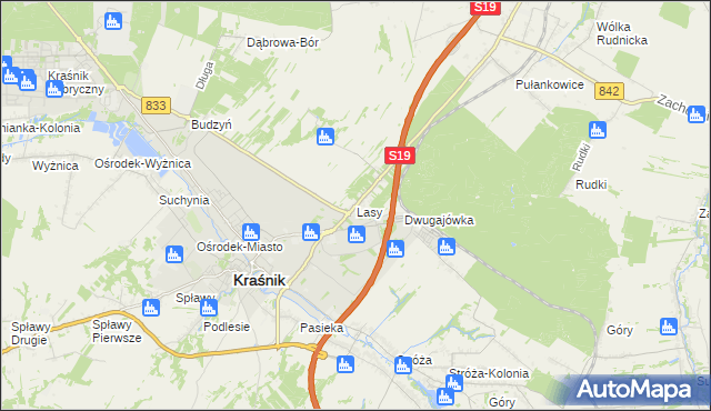 mapa Lasy gmina Kraśnik, Lasy gmina Kraśnik na mapie Targeo