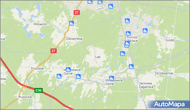 mapa Łaz gmina Żary, Łaz gmina Żary na mapie Targeo