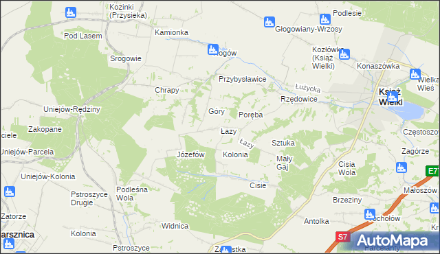 mapa Łazy gmina Książ Wielki, Łazy gmina Książ Wielki na mapie Targeo