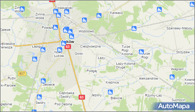 mapa Łazy gmina Łuków, Łazy gmina Łuków na mapie Targeo