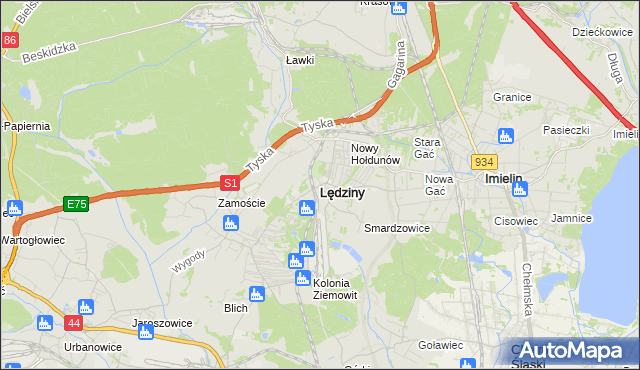mapa Lędziny powiat bieruńsko-lędziński, Lędziny powiat bieruńsko-lędziński na mapie Targeo
