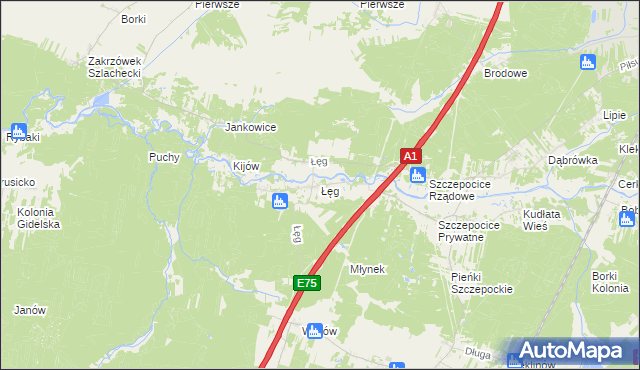 mapa Łęg gmina Kruszyna, Łęg gmina Kruszyna na mapie Targeo