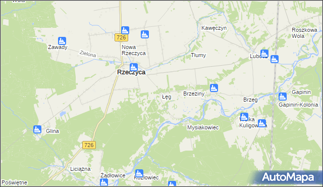mapa Łęg gmina Rzeczyca, Łęg gmina Rzeczyca na mapie Targeo