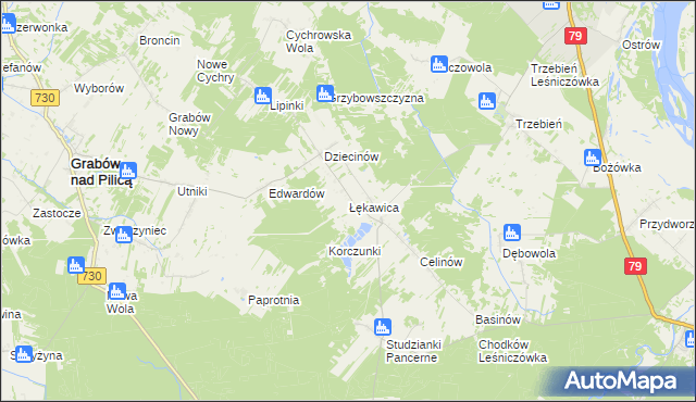 mapa Łękawica gmina Grabów nad Pilicą, Łękawica gmina Grabów nad Pilicą na mapie Targeo