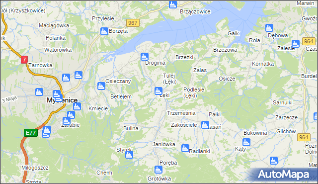 mapa Łęki gmina Myślenice, Łęki gmina Myślenice na mapie Targeo
