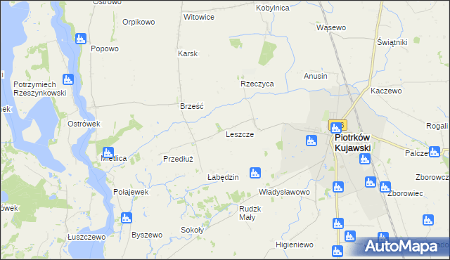 mapa Leszcze gmina Piotrków Kujawski, Leszcze gmina Piotrków Kujawski na mapie Targeo