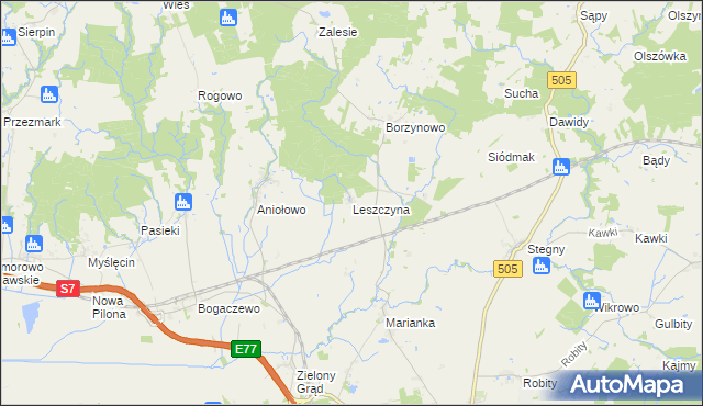 mapa Leszczyna gmina Pasłęk, Leszczyna gmina Pasłęk na mapie Targeo