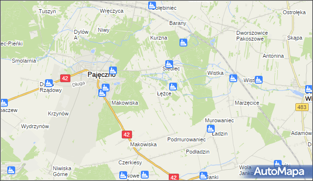 mapa Łężce gmina Pajęczno, Łężce gmina Pajęczno na mapie Targeo