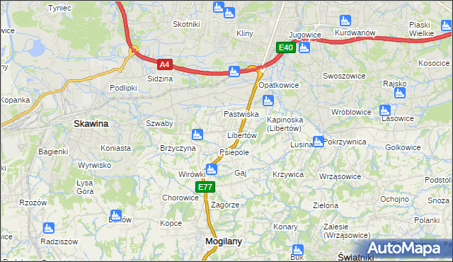 mapa Libertów gmina Mogilany, Libertów gmina Mogilany na mapie Targeo